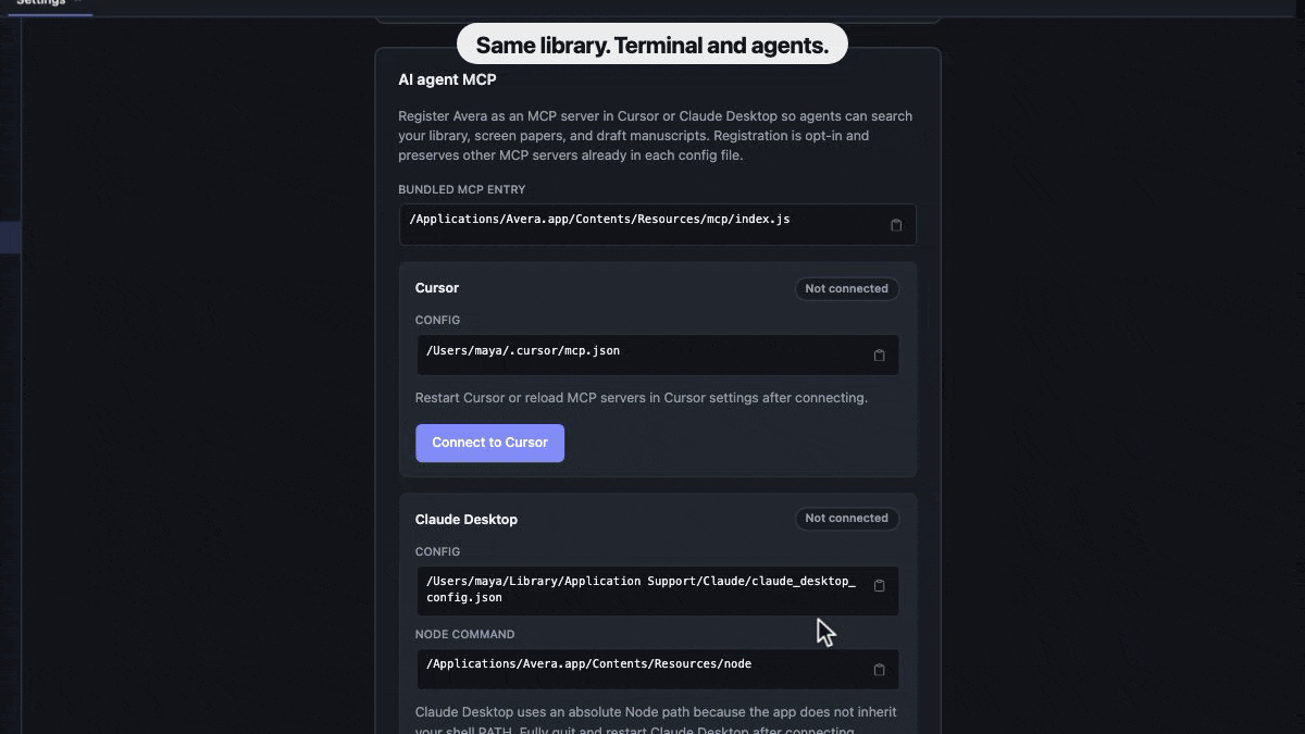 Avera CLI in the terminal alongside library and note commands